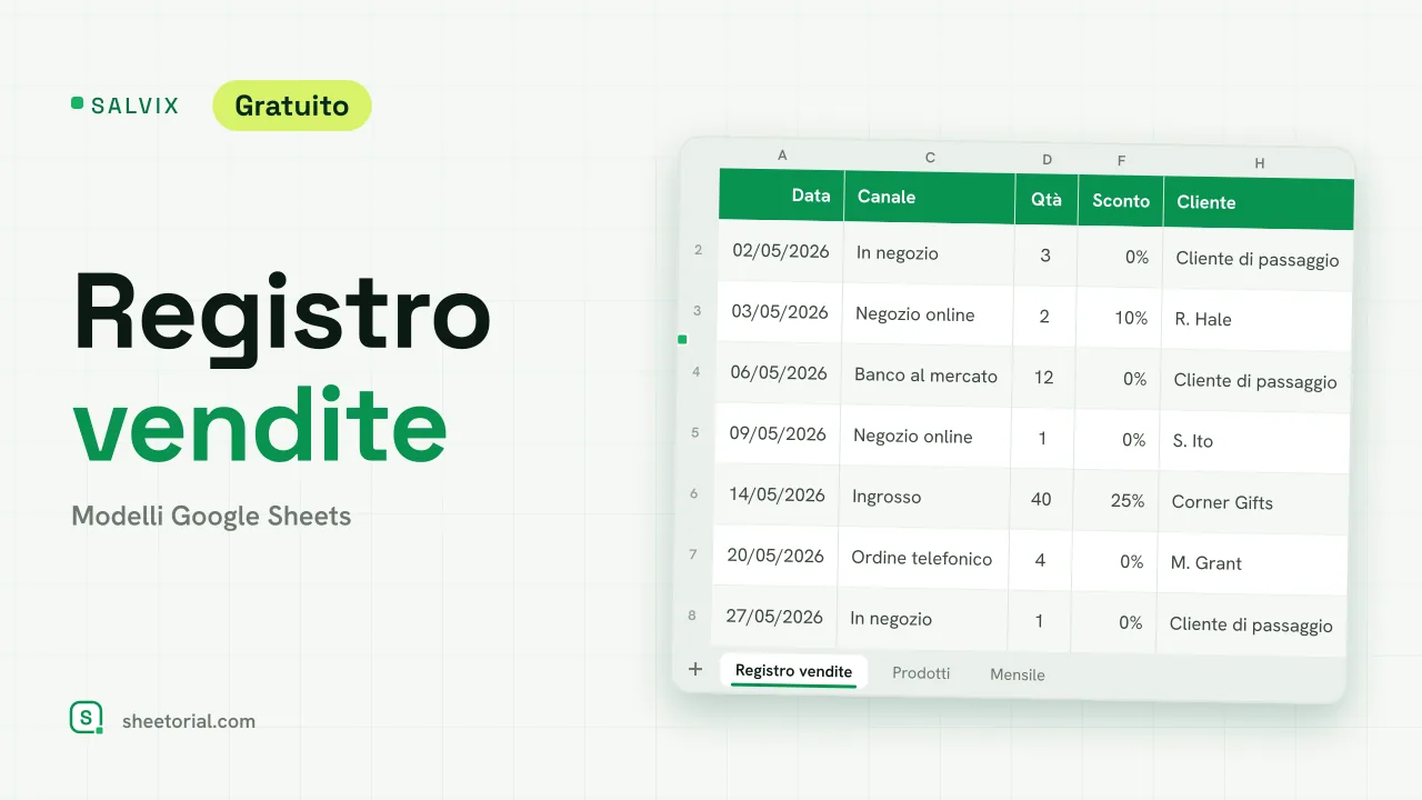 SALVIX registro vendite per Google Sheets: vendite con prodotto, canale, quantità, prezzo, sconto e totale