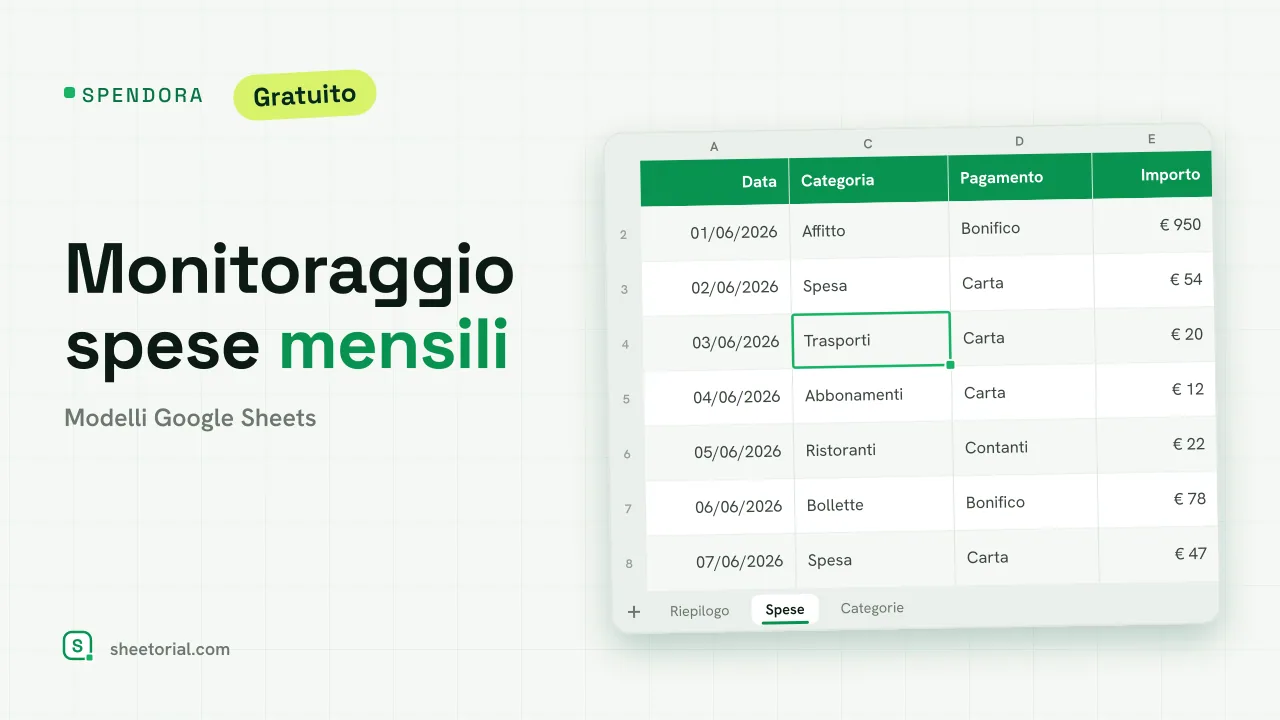 Modello di registro spese mensile SPENDORA per Google Sheets — dashboard con totali di spesa per categoria