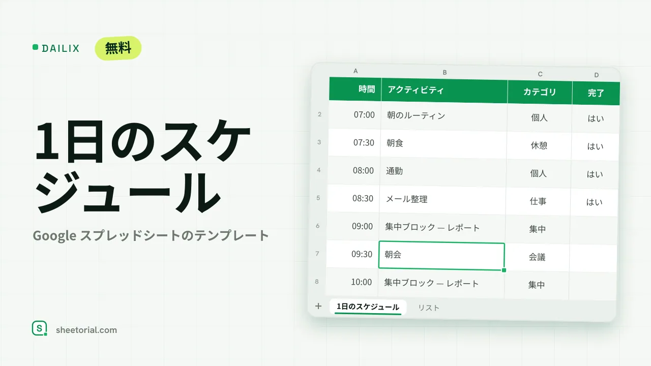 DAILIX Google スプレッドシート1日スケジュールテンプレート — 7:00から20:30の半時間ブロックと優先事項トップ3のボックス