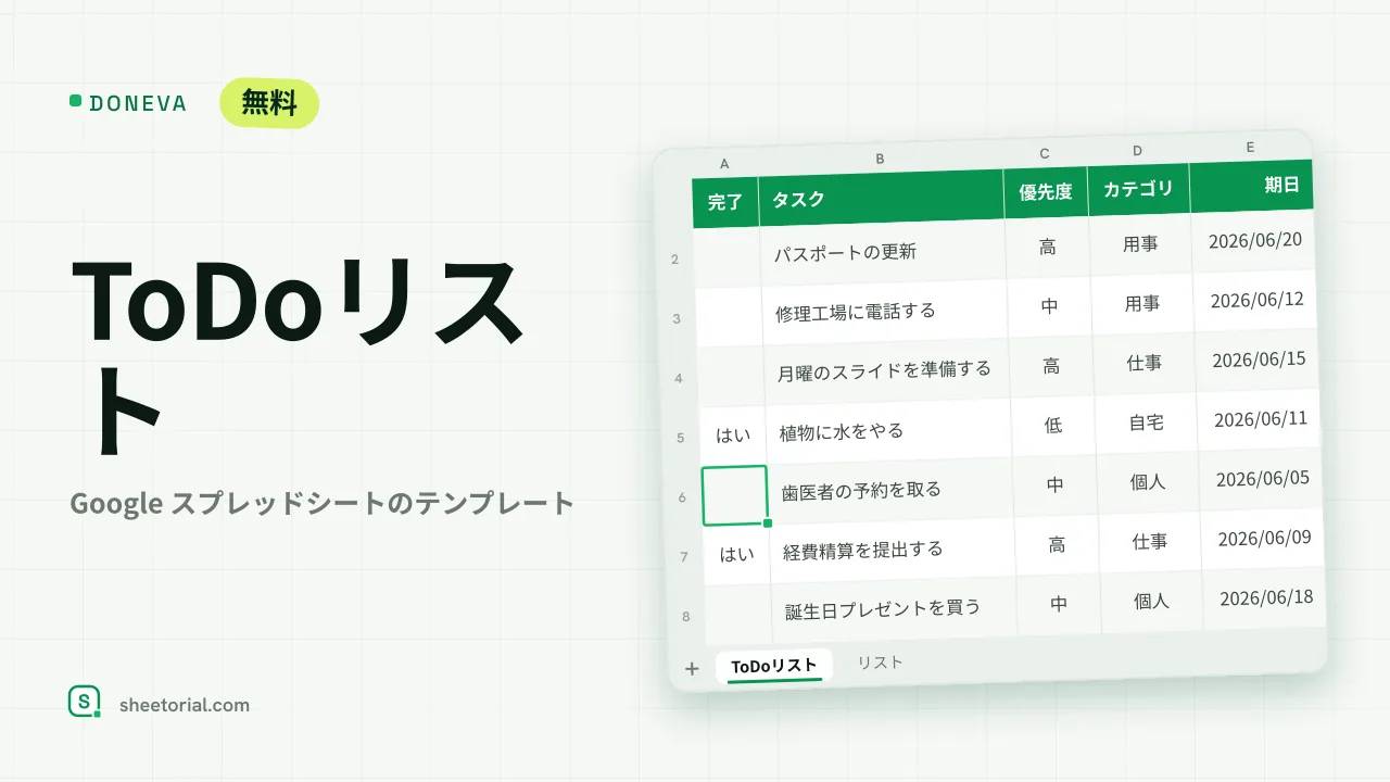 DONEVA Google スプレッドシートのToDoリスト — 優先度・期日列と完了タスクに取り消し線