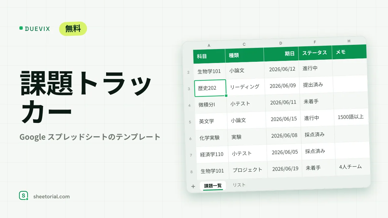 DUEVIX Google スプレッドシート課題トラッカー — 期日・残り日数・ステータス色付きの課題一覧