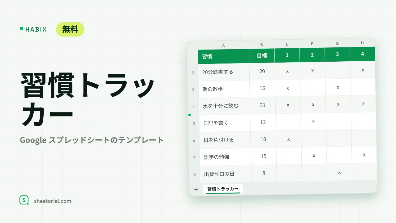 HABIX Google スプレッドシート習慣トラッカー — 8つの習慣と2026年6月の日付、緑のxマーク