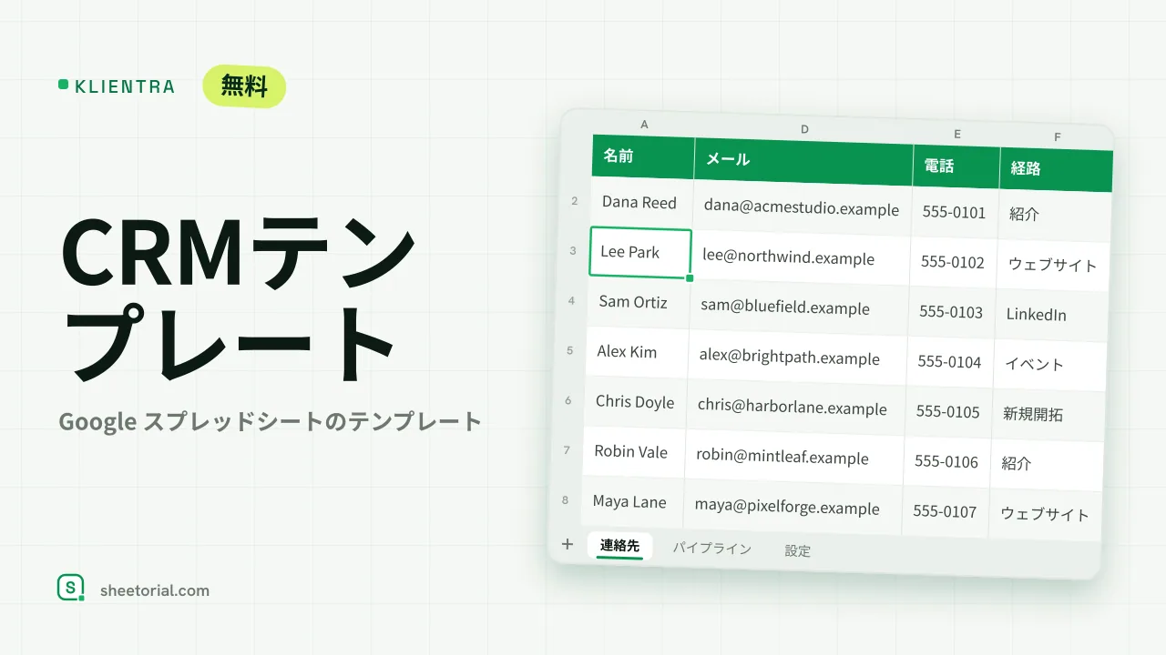 KLIENTRA Google スプレッドシートCRMテンプレート — ステージ・金額・フォローアップアラート付きパイプラインタブ