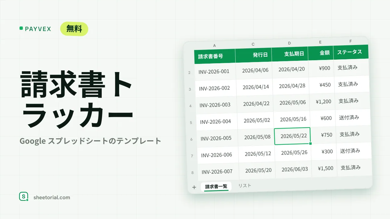 PAYVEX Google スプレッドシート請求書トラッカーテンプレート — ステータス・超過日数・回収合計付き請求書一覧