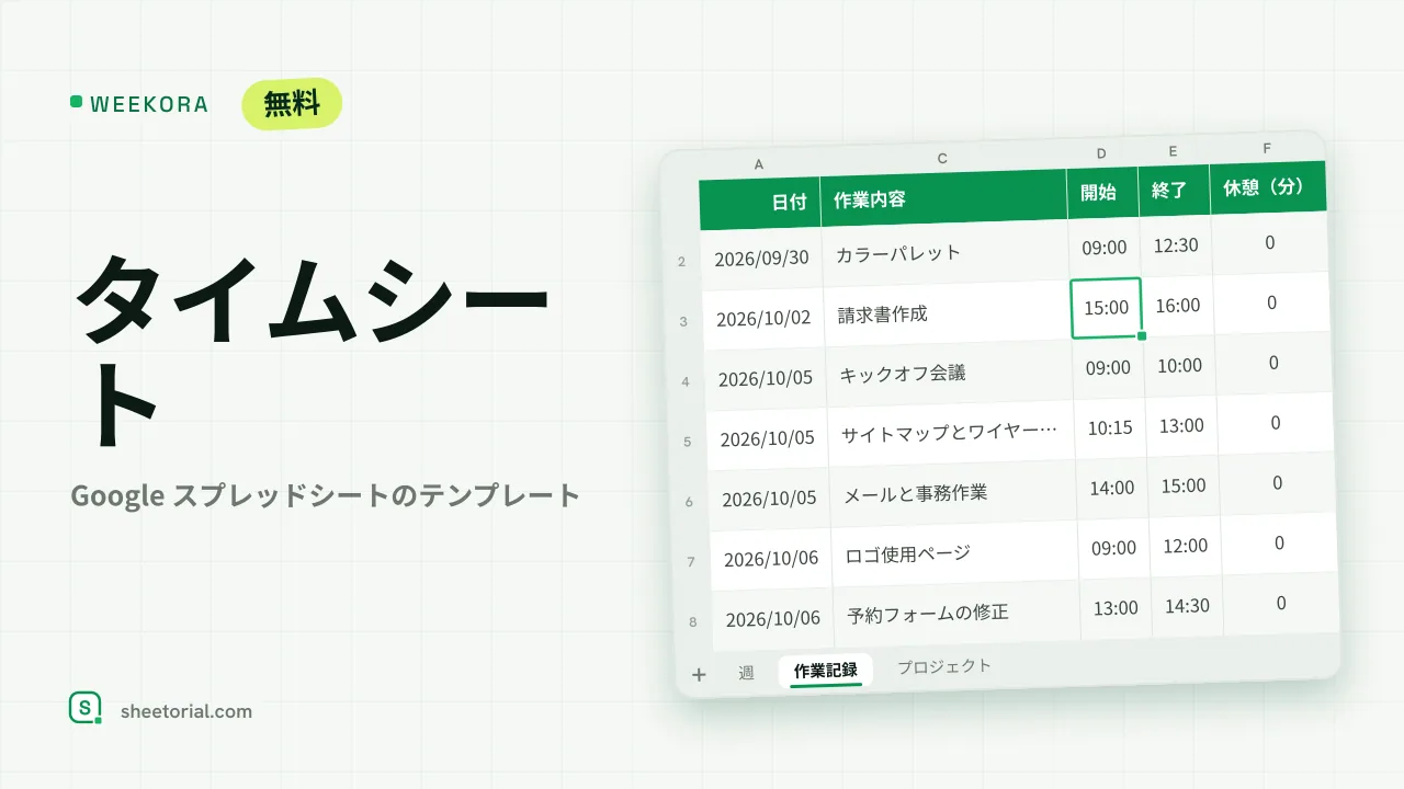 WEEKORA Google スプレッドシート用タイムシート：日付、プロジェクト、作業内容、開始、終了、休憩、時間、請求額の欄がある作業記録