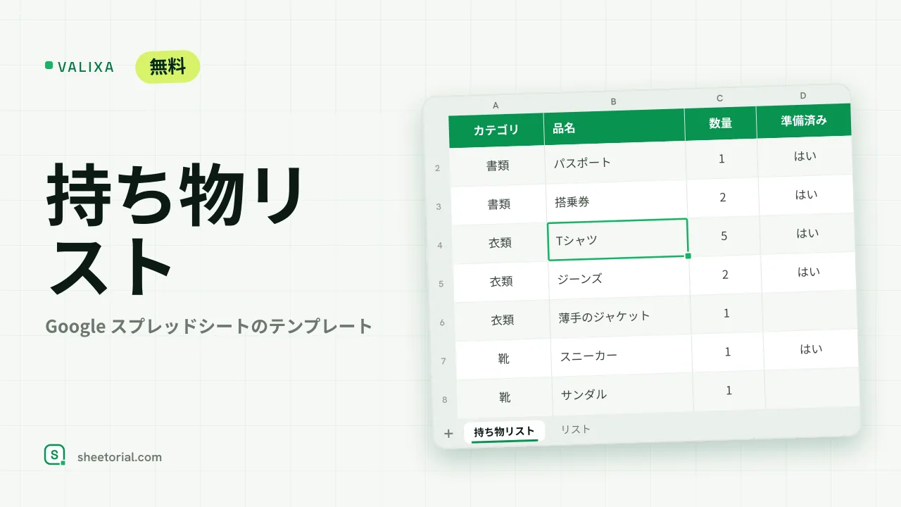 VALIXA Google スプレッドシート持ち物リストテンプレート — カテゴリ別に整理された品目と準備済み行の緑のハイライト