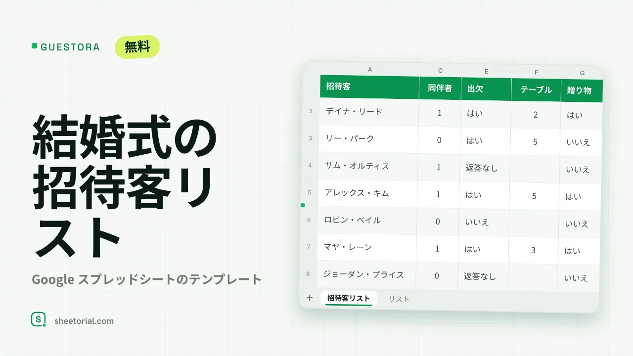 GUESTORA Google スプレッドシート結婚式招待客リストテンプレート — グループ・出欠・席数・テーブル割り当て付きの招待客リスト
