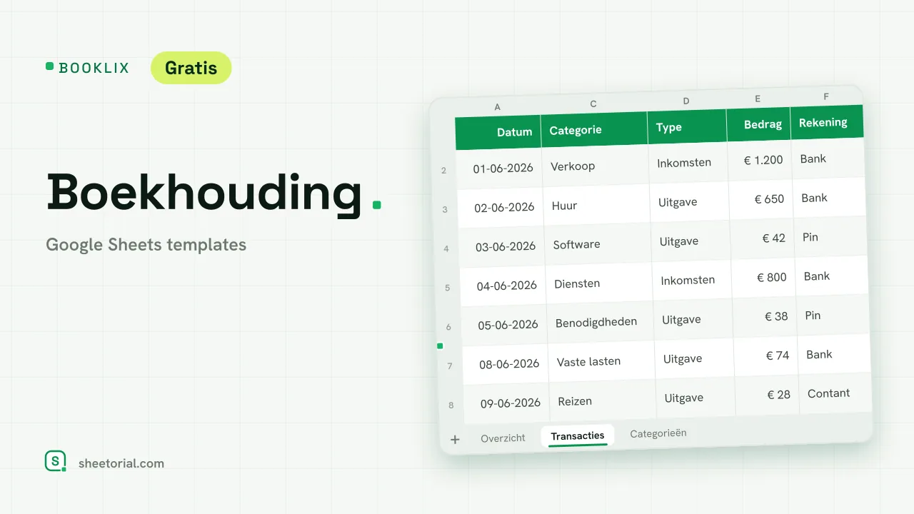 BOOKLIX boekhoud-template voor Google Sheets — transacties met categorieën en een maandoverzicht van inkomsten, uitgaven en nettoresultaat