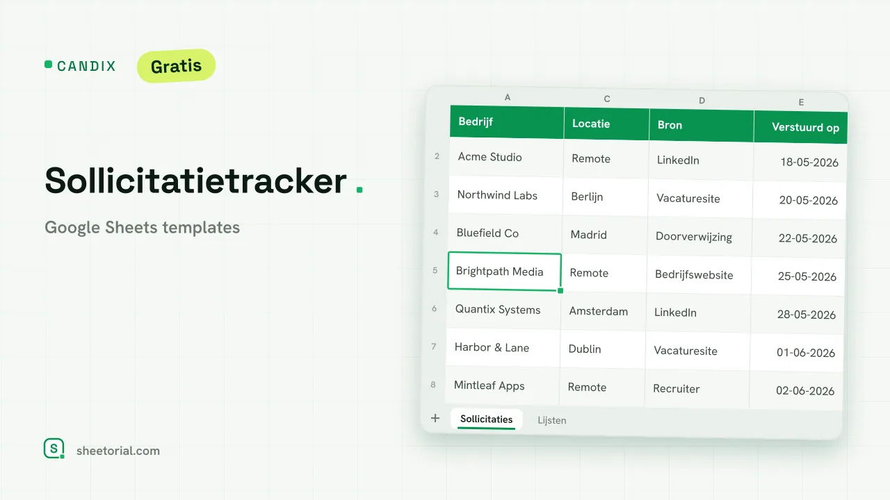 CANDIX sollicitatietracker voor Google Sheets — sollicitaties met statussen, opvolgingsdatums en zoektochtsamenvatting