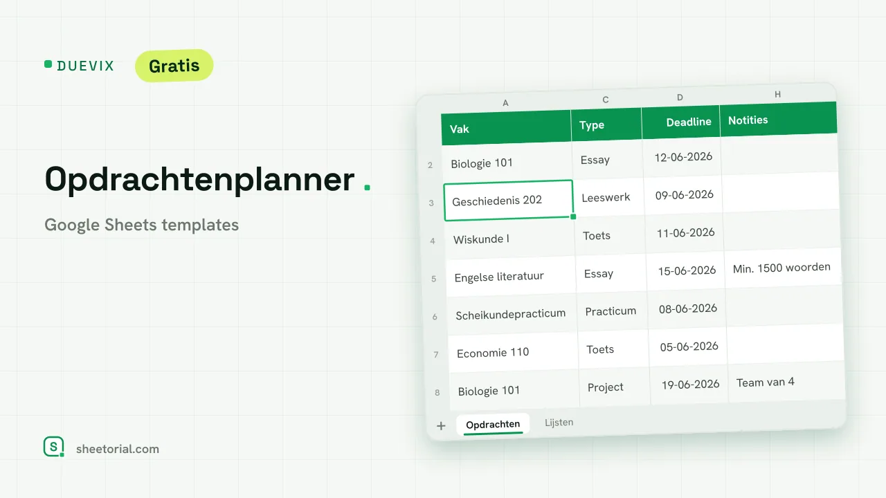 DUEVIX opdrachtentracker voor Google Sheets — opdrachtenoverzicht met inleverdatums, aftelling en statuskleur