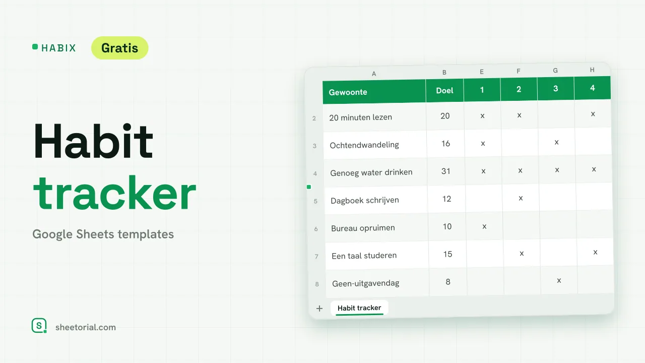 Habix habit tracker in Google Sheets met acht gewoonten, juni 2026-dagen langs de bovenkant en groene x-markeringen