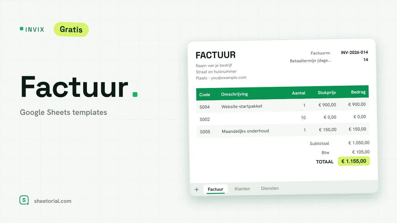 INVIX Google Sheets factuur-template — afdrukklare A4-factuur met klantdropdown en berekende totalen