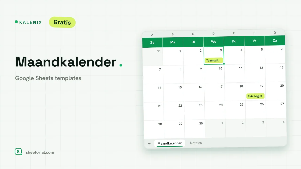 Kalenix maandkalender-template voor Google Sheets met het rooster van juni 2026 en voorbeeldevenementen