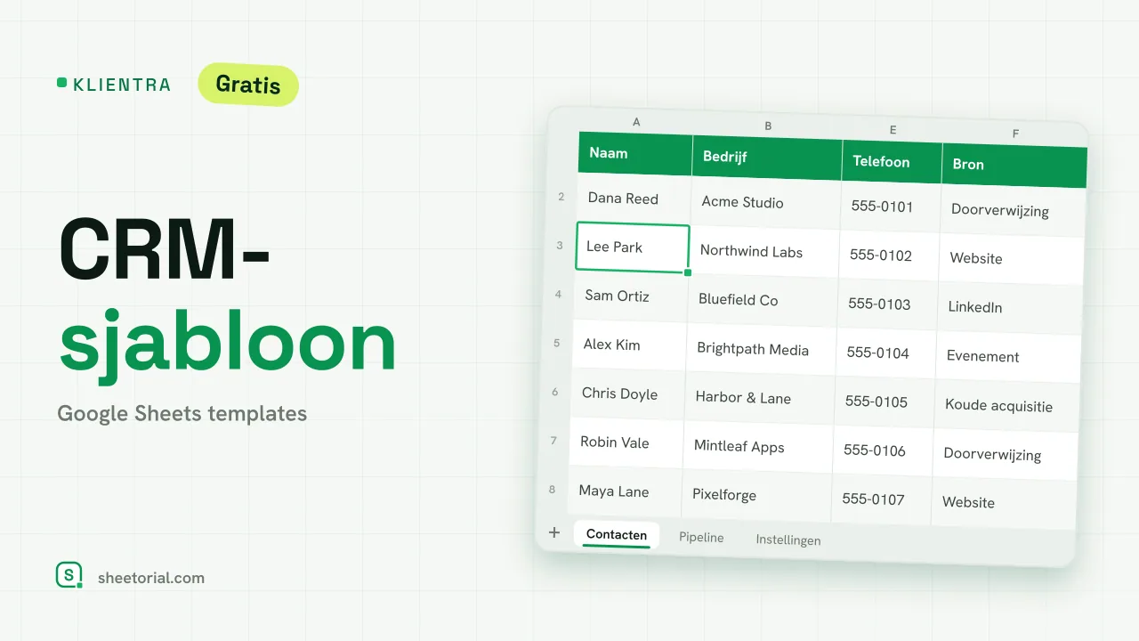 KLIENTRA CRM-template voor Google Sheets — pipeline-tabblad met deals per fase, waarde en opvolgingswaarschuwingen