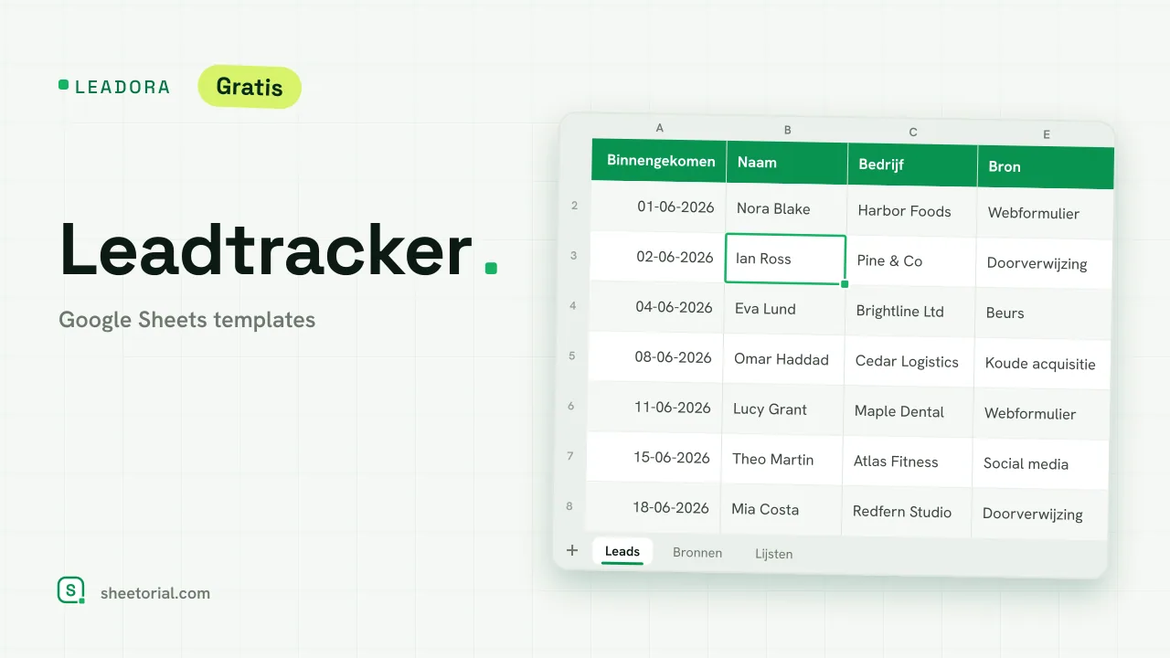 LEADORA leadtracker-template voor Google Sheets: binnenkomende leads met bron, status, score, waarde en volgende opvolging