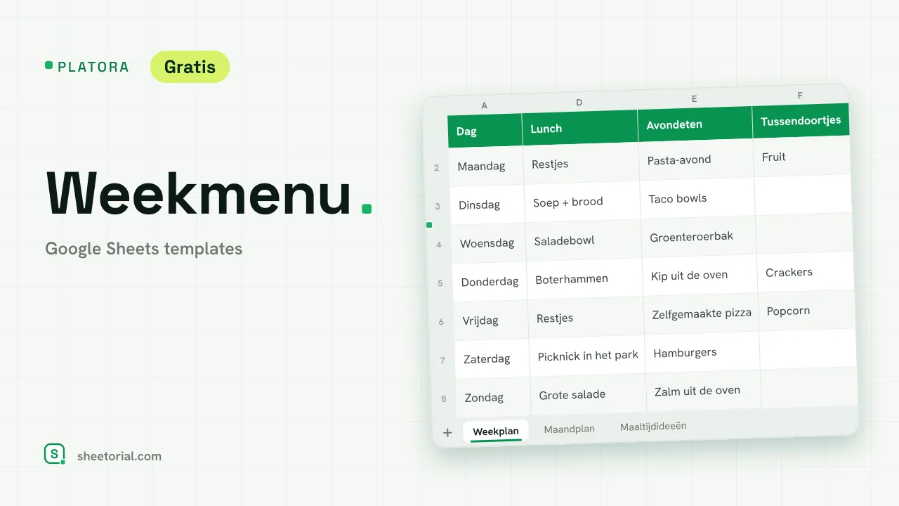 Platora weekmenu-template in Google Sheets met maaltijden voor elke dag van de week en een notitierekolom