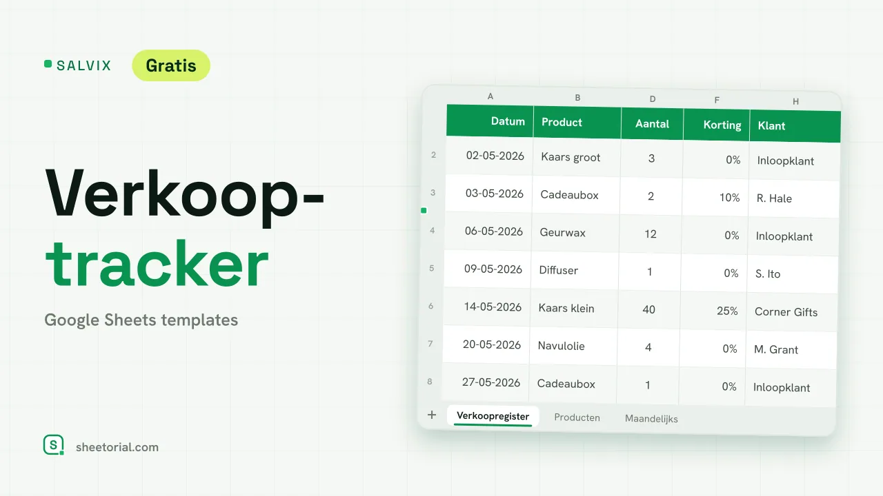 SALVIX verkoop-tracker voor Google Sheets: verkoopregister met product, kanaal, aantal, prijs, korting en totaal