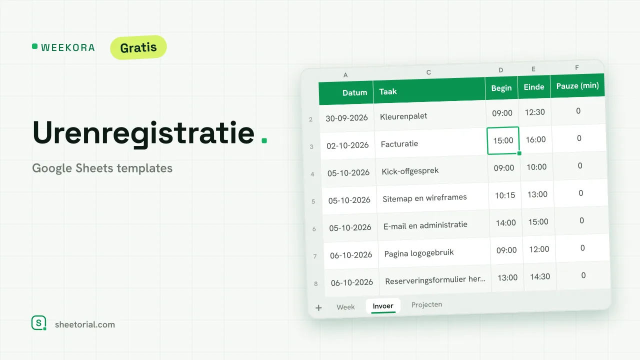 WEEKORA urenregistratie-template voor Google Sheets: tijdregels met datum, project, taak, begin, einde, pauze, uren en declarabel bedrag