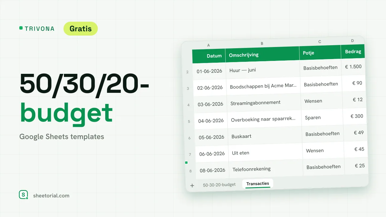 TRIVONA 50/30/20 budget-template voor Google Sheets — basisbehoeften-, wensen- en spaarpotjes met doelen en werkelijke besteding