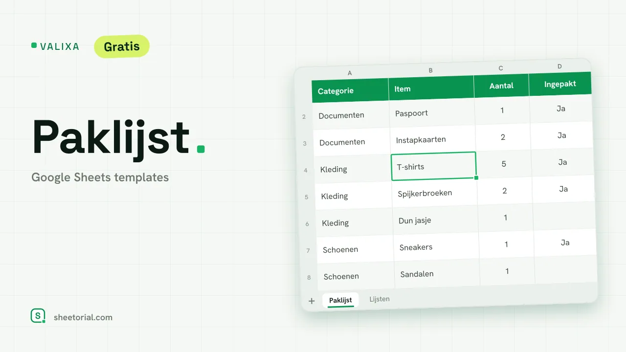 Valixa paklijst-template in Google Sheets met gecategoriseerde artikelen en ingepakte rijen gemarkeerd in groen