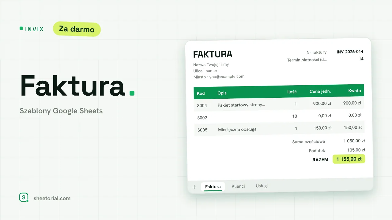 INVIX szablon faktury w Google Sheets — faktura A4 gotowa do druku z listą klientów i obliczonymi sumami