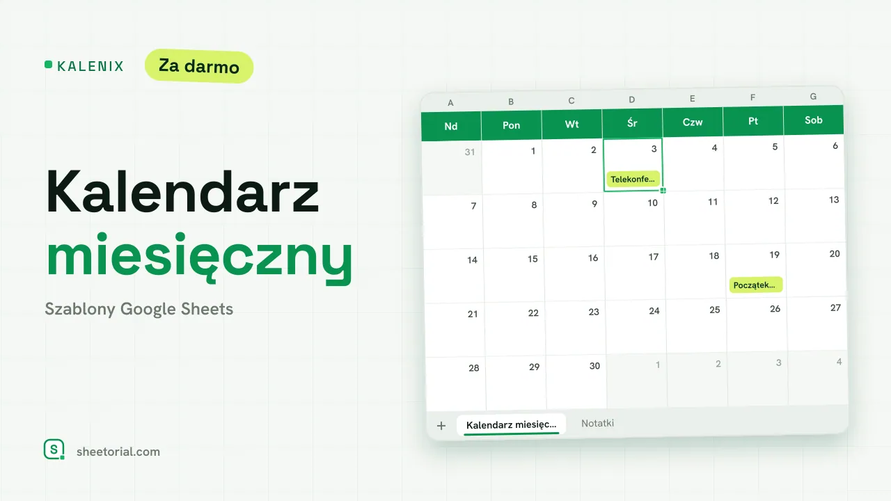 KALENIX szablon kalendarza miesięcznego dla Google Sheets z siatką czerwca 2026 i przykładowymi wydarzeniami