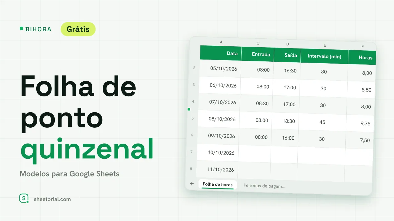 BIHORA folha de ponto quinzenal para Google Sheets: catorze dias com horários de entrada e saída, intervalos e horas com totais do período
