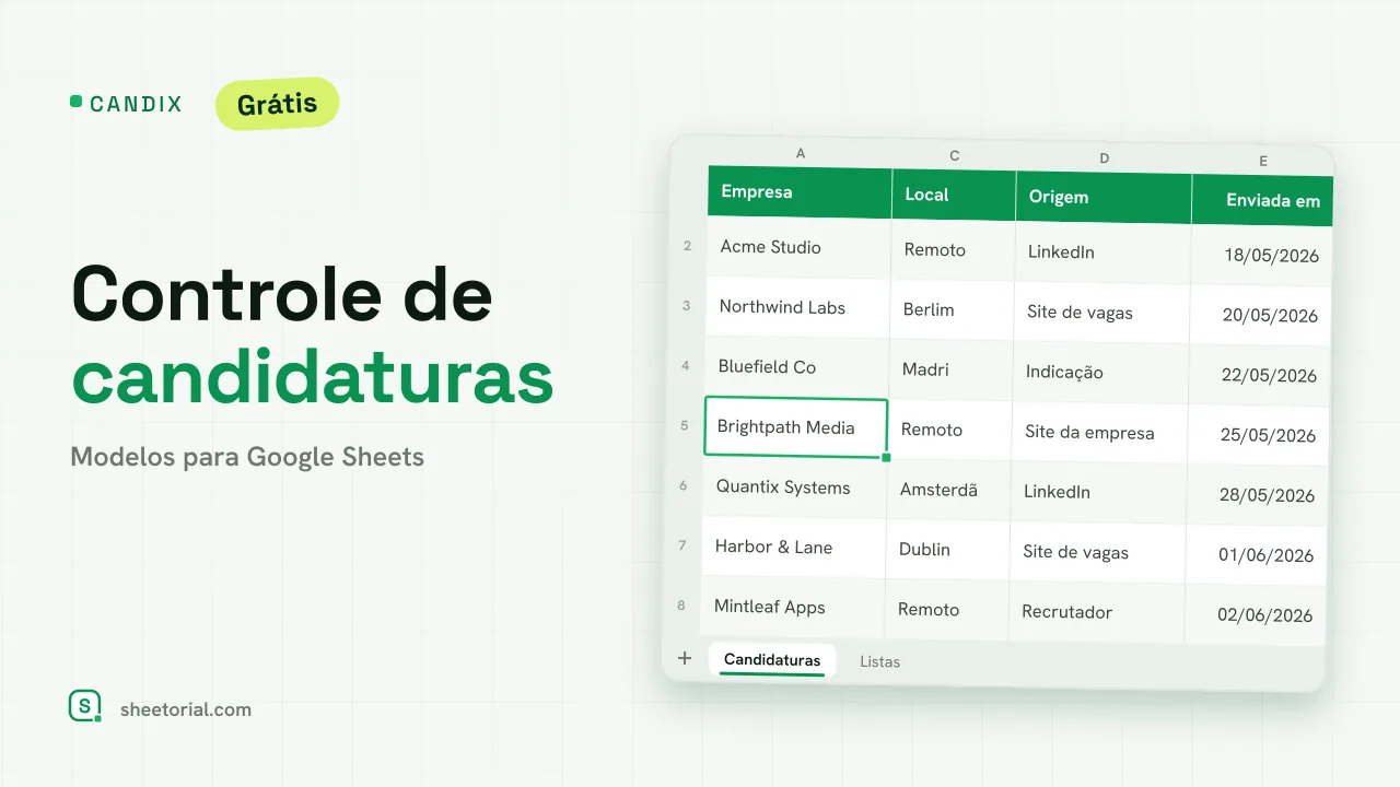 CANDIX planilha de controle de candidaturas no Google Sheets — candidaturas com status, datas de follow-up e resumo da busca
