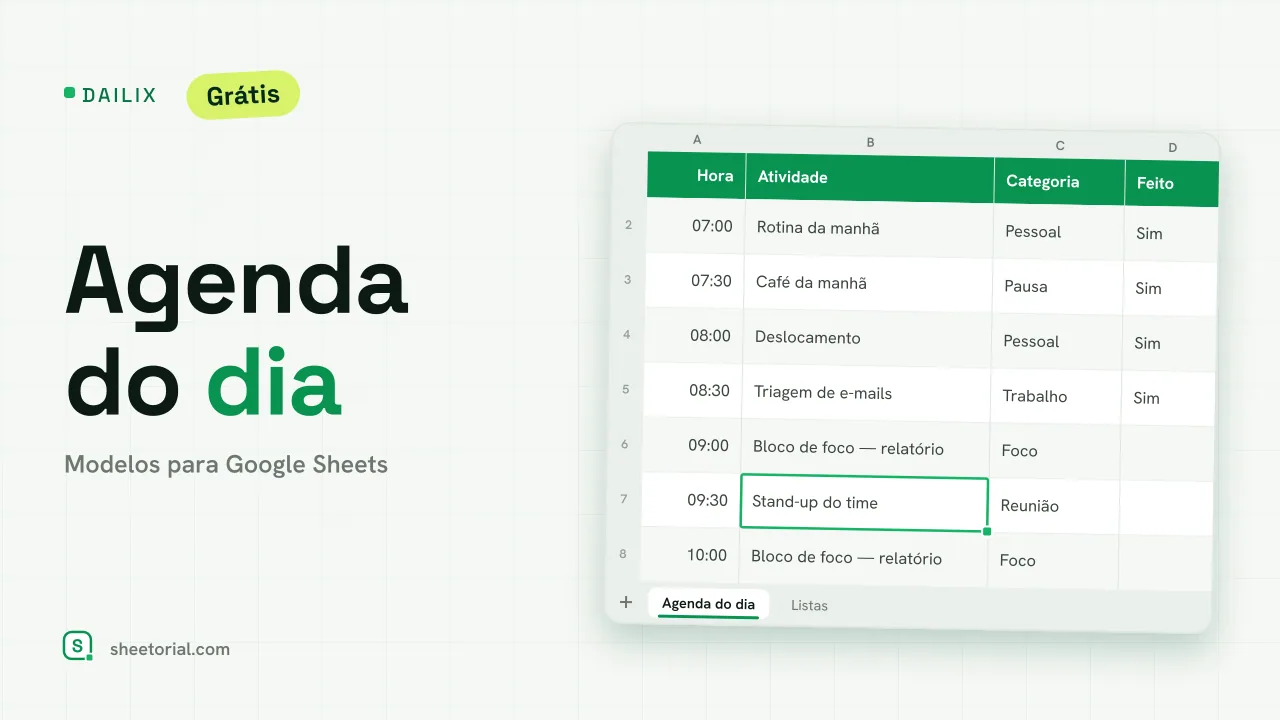 Planilha de agenda diária Dailix no Google Sheets com blocos de meia hora das 7:00 às 20:30 e uma caixa de top 3 prioridades