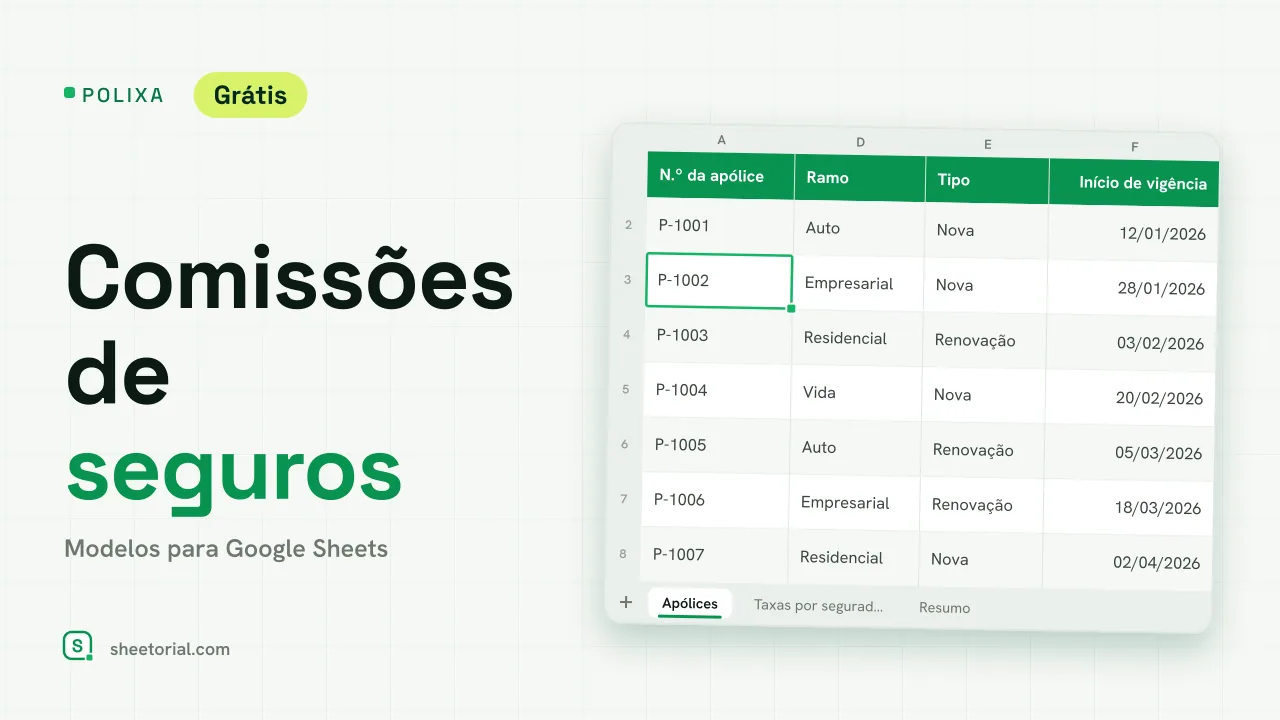 POLIXA controle de comissões de seguros para Google Sheets: apólices com prêmio, taxa da seguradora, comissão esperada e recebida