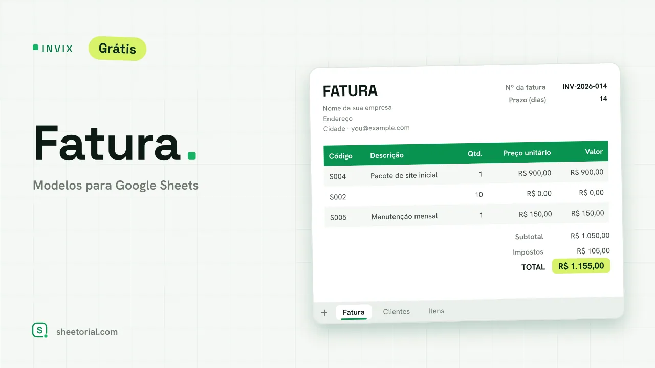 Modelo de fatura INVIX para Google Sheets — fatura A4 pronta para imprimir com menu suspenso de cliente e totais calculados