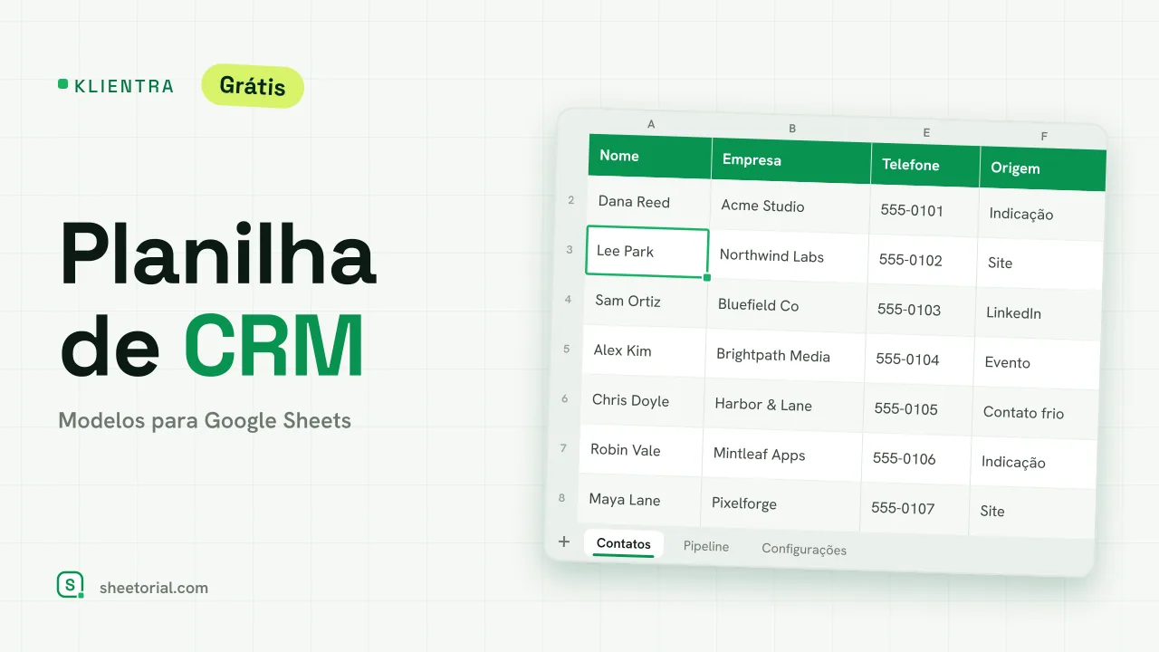 Planilha de CRM KLIENTRA para Google Sheets — aba de pipeline com negócios por etapa, valor e alertas de follow-up