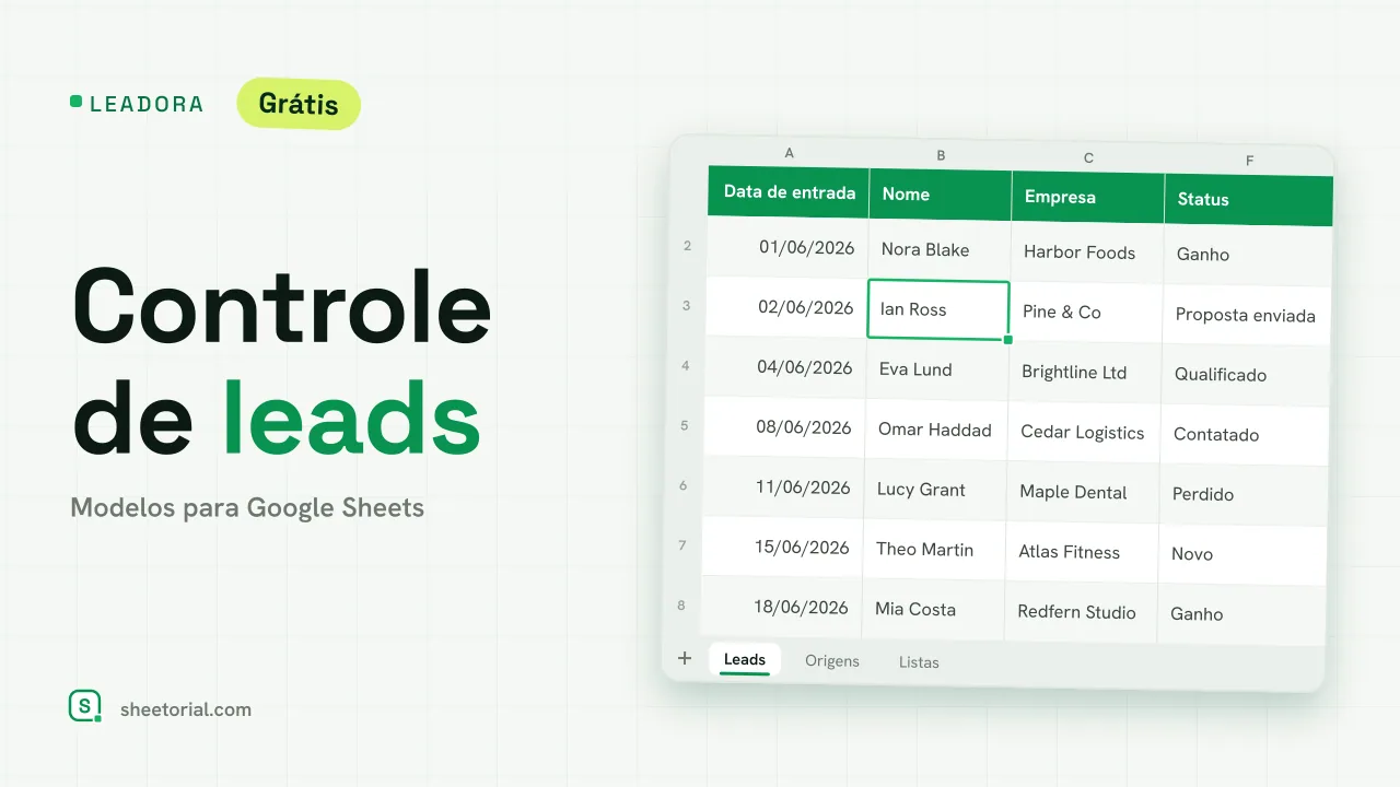 LEADORA planilha de controle de leads para Google Sheets: leads recebidos com origem, status, pontuação, valor e próximo retorno
