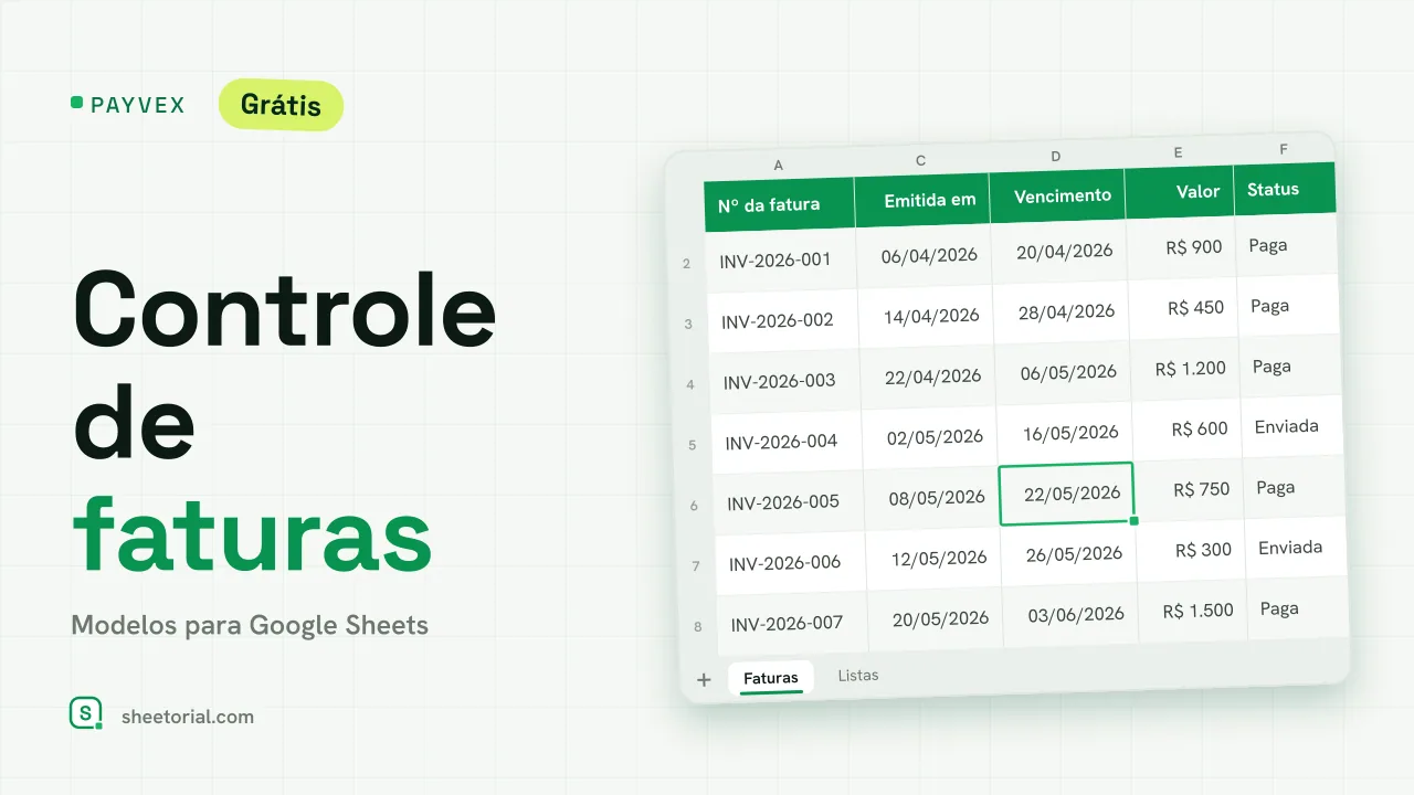 Planilha de controle de faturas PAYVEX para Google Sheets — lista de faturas com status, dias de atraso e totais de recebimento