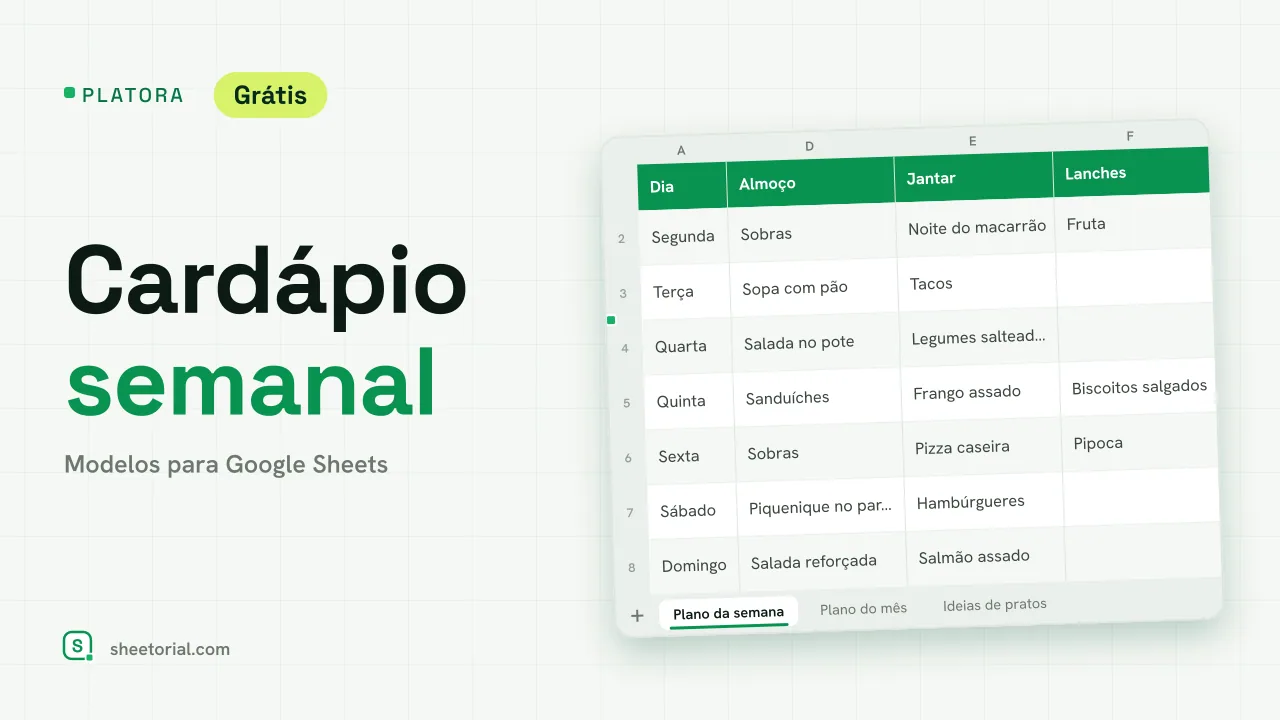 Planilha de cardápio semanal Platora no Google Sheets com refeições para cada dia da semana e uma coluna de notas