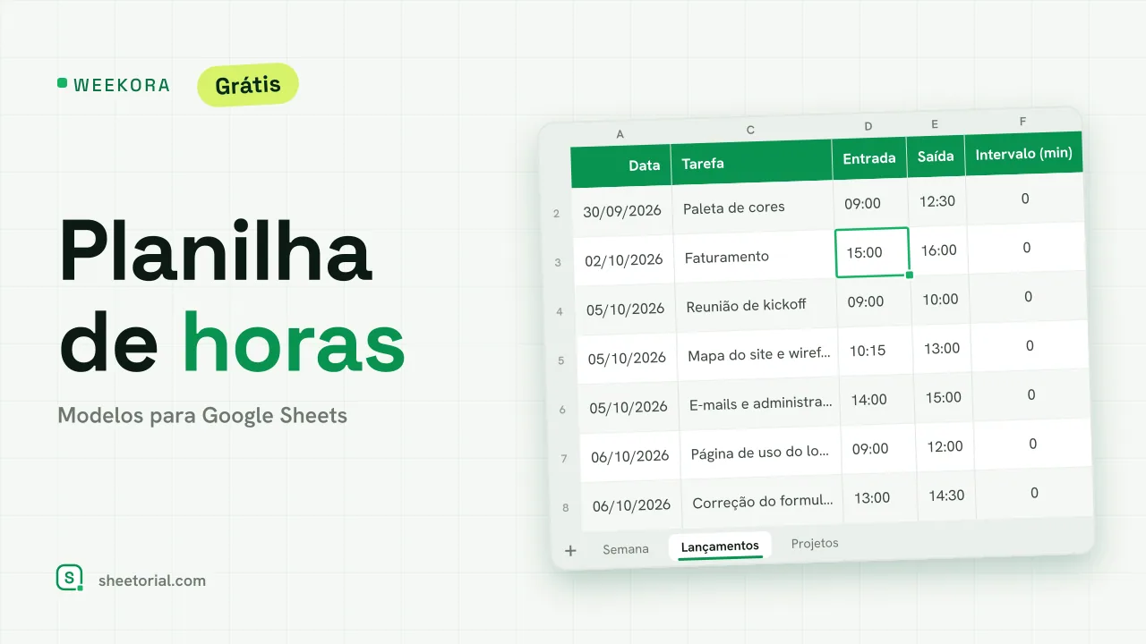 WEEKORA planilha de horas trabalhadas para Google Sheets: lançamentos com data, projeto, tarefa, início, fim, intervalo, horas e valor faturável