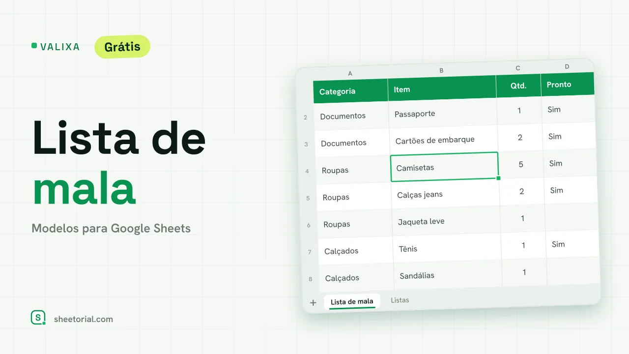 Planilha de lista de mala Valixa no Google Sheets com itens por categoria e linhas empacotadas destacadas em verde