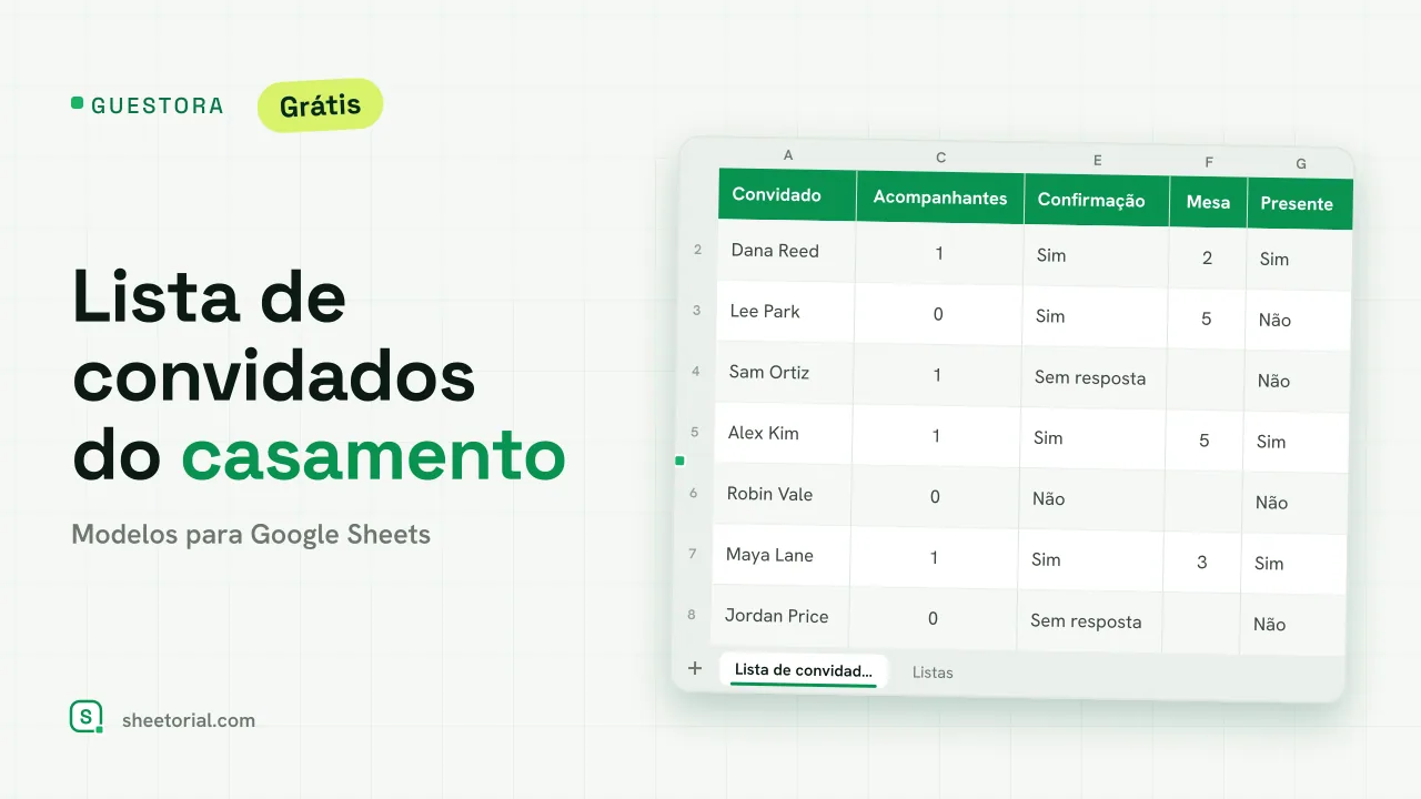 GUESTORA planilha de lista de convidados para casamento no Google Sheets — convidados com grupos, status de confirmação, contagem de lugares e atribuição de mesas