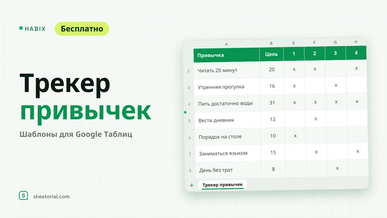Трекер привычек HABIX в Google Таблицах: восемь привычек, дни июня 2026 по горизонтали и зелёные отметки x