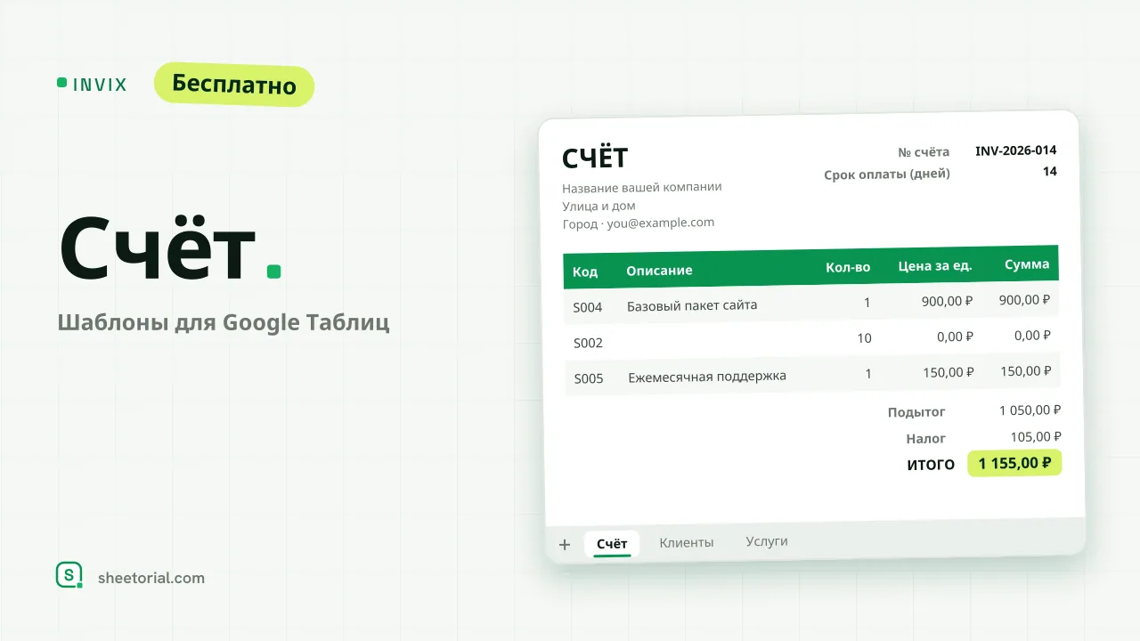 INVIX — шаблон счёта в Google Таблицах: готовый к печати счёт A4 с выпадающим списком клиентов и рассчитанными итогами