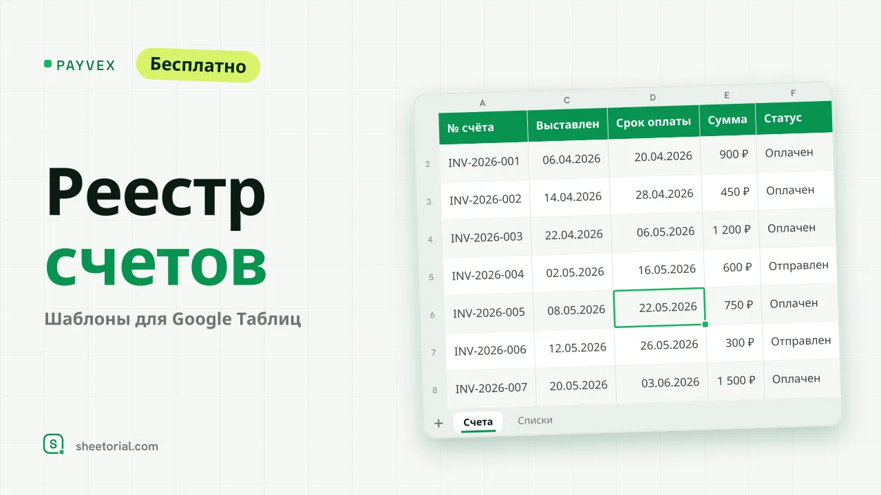 PAYVEX — реестр счетов для Google Таблиц: список счетов со статусами, днями просрочки и итогами по инкассо