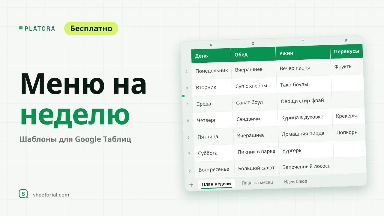 Шаблон меню на неделю PLATORA в Google Таблицах с блюдами на каждый день и колонкой заметок