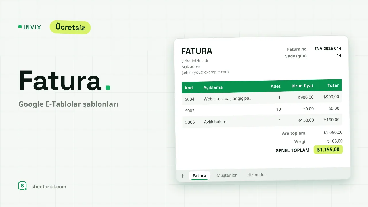 INVIX Google E-Tablolar fatura şablonu — müşteri açılır listesi ve hesaplanan toplamlarla yazdırmaya hazır A4 fatura