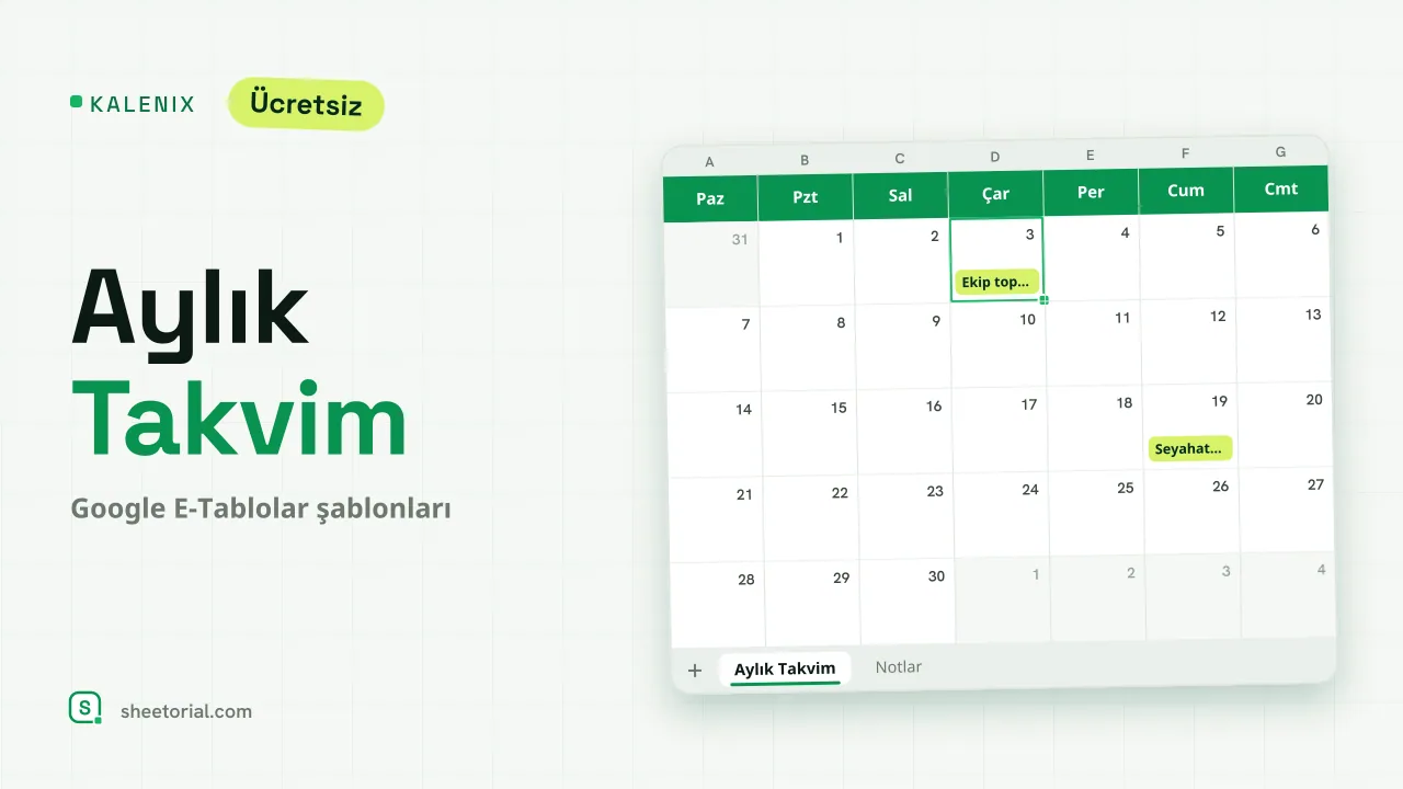 Örnek etkinliklerle Haziran 2026 takvimini gösteren Google E-Tablolar aylık takvim şablonu Kalenix
