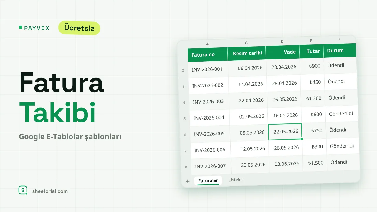 Google E-Tablolar için PAYVEX fatura takip şablonu — durumlar, gecikme günleri ve tahsilat toplamlarıyla fatura listesi